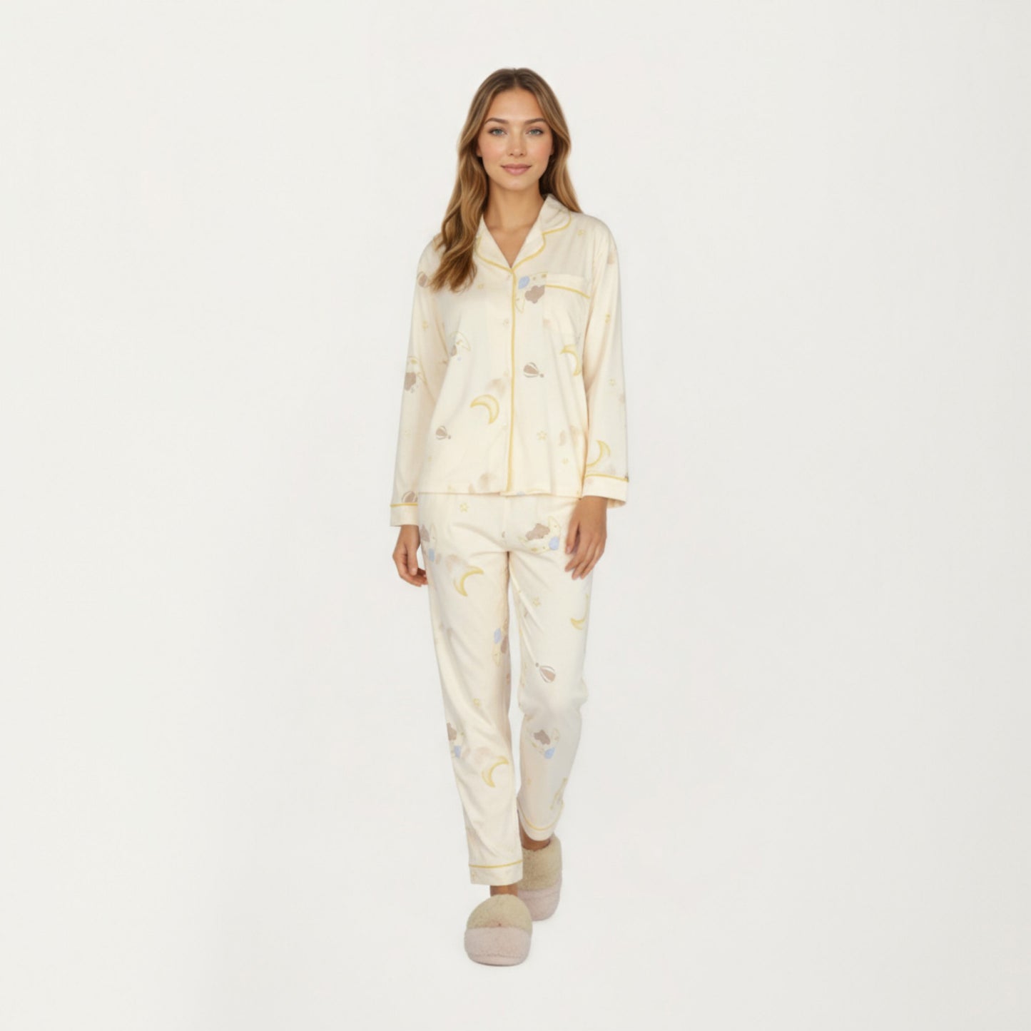 Anna-Kaci Lounge Women's 2-Piece Set Long Sleeve Button Front Top and Relaxed Fit Pants Pajama Set with Moon and Star Print