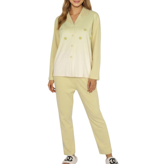 Anna-Kaci Lounge Women's 2-Piece Set Long Sleeve Button Front Top and Relaxed Fit Pants Pajama Set with Minimalist Floral Detail