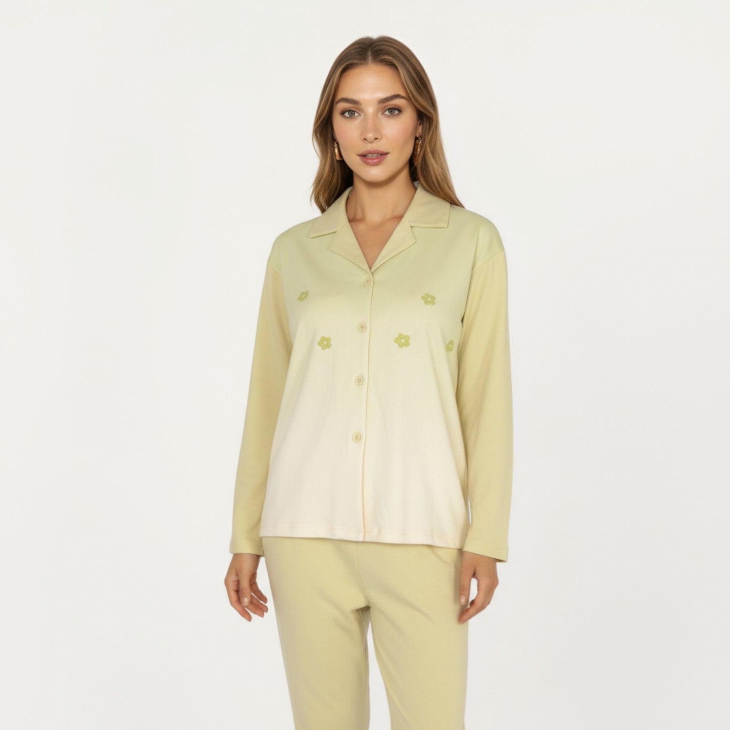 Anna-Kaci Lounge Women's 2-Piece Set Long Sleeve Button Front Top and Relaxed Fit Pants Pajama Set with Minimalist Floral Detail