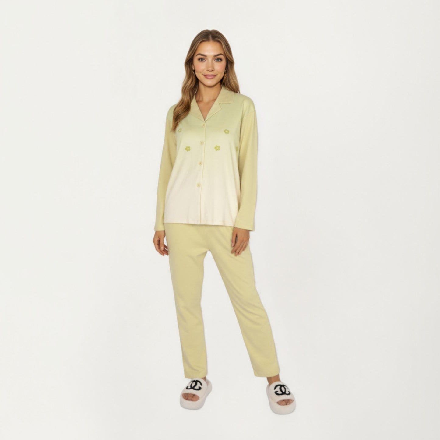 Anna-Kaci Lounge Women's 2-Piece Set Long Sleeve Button Front Top and Relaxed Fit Pants Pajama Set with Minimalist Floral Detail