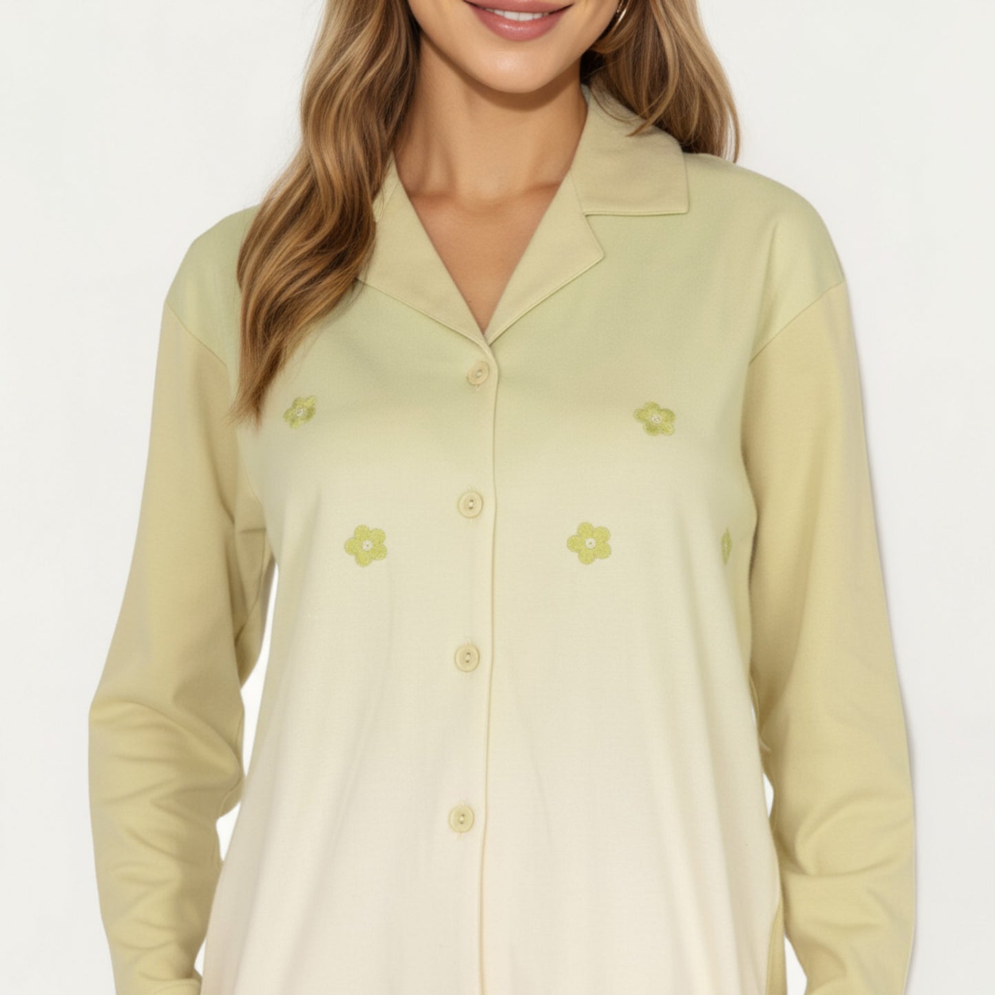 Anna-Kaci Lounge Women's 2-Piece Set Long Sleeve Button Front Top and Relaxed Fit Pants Pajama Set with Minimalist Floral Detail