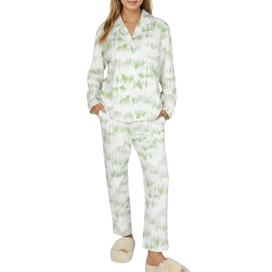 Anna-Kaci Lounge Women's 2-Piece Set Long Sleeve Button Front Top with Built-In Chest Pads and Relaxed Fit Pants Pajama Set with Brushstroke Print