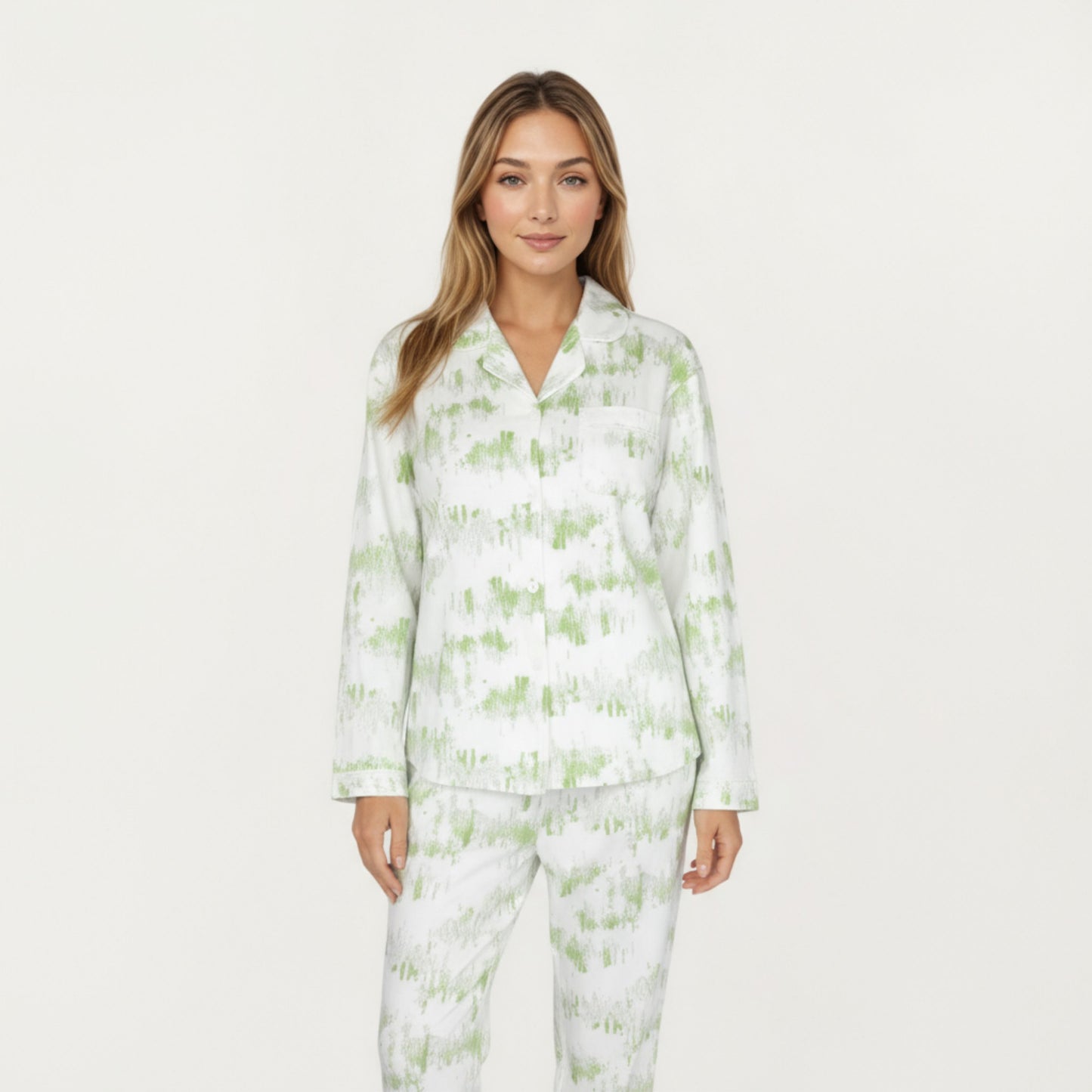 Anna-Kaci Lounge Women's 2-Piece Set Long Sleeve Button Front Top with Built-In Chest Pads and Relaxed Fit Pants Pajama Set with Brushstroke Print