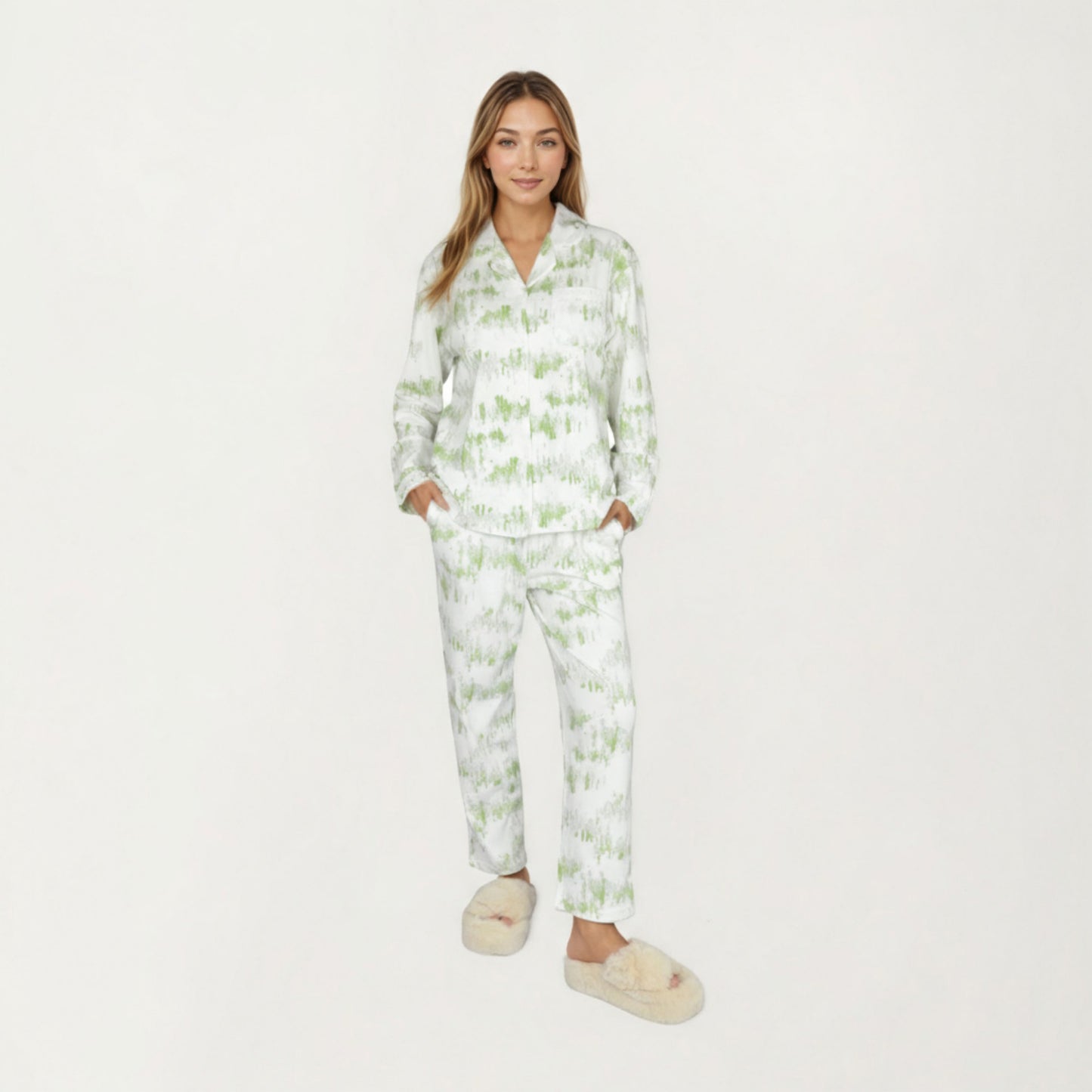 Anna-Kaci Lounge Women's 2-Piece Set Long Sleeve Button Front Top with Built-In Chest Pads and Relaxed Fit Pants Pajama Set with Brushstroke Print