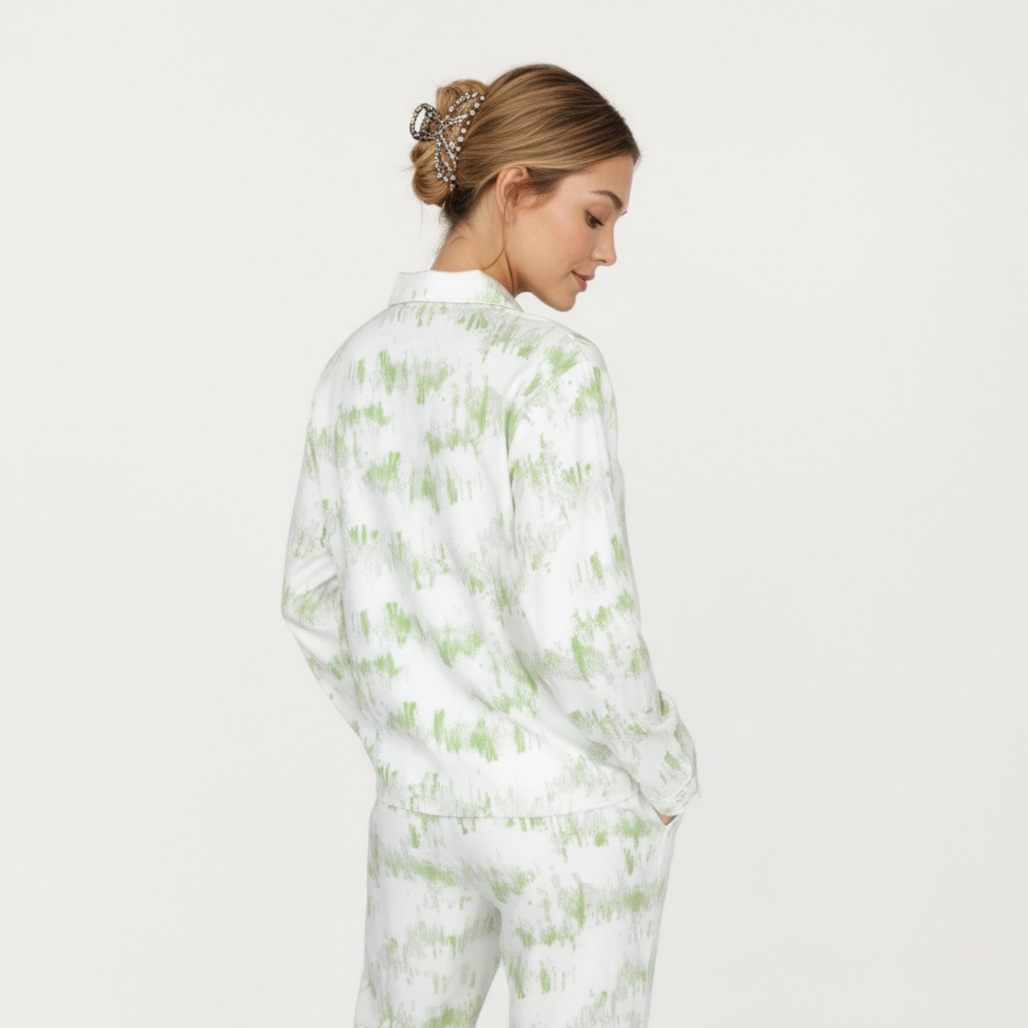 Anna-Kaci Lounge Women's 2-Piece Set Long Sleeve Button Front Top with Built-In Chest Pads and Relaxed Fit Pants Pajama Set with Brushstroke Print