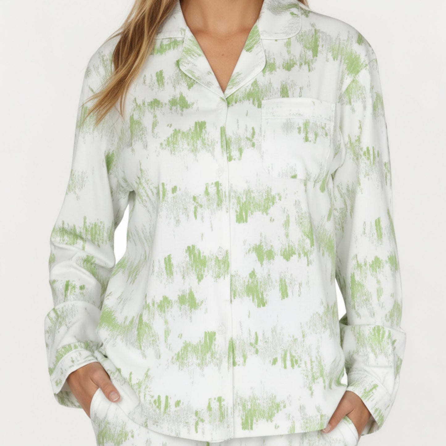 Anna-Kaci Lounge Women's 2-Piece Set Long Sleeve Button Front Top with Built-In Chest Pads and Relaxed Fit Pants Pajama Set with Brushstroke Print