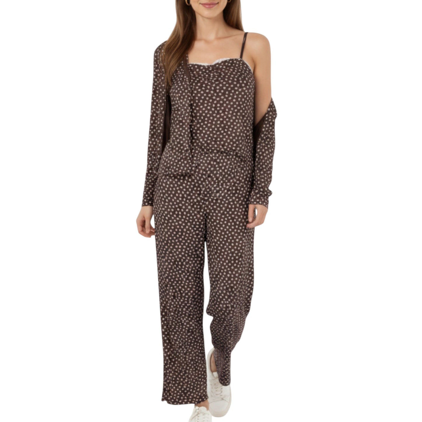 Anna-Kaci Lounge Women's 3-Piece Set Long Sleeve Padded Button Top, Camisole, and Relaxed Fit Pants Pajama Set with Soft Knit Fabric