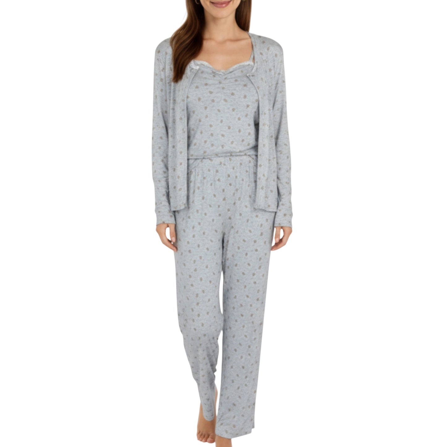Anna-Kaci Lounge Women's 3-Piece Set Long Sleeve Padded Button Top, Camisole, and Relaxed Fit Pants Pajama Set with Soft Knit Fabric