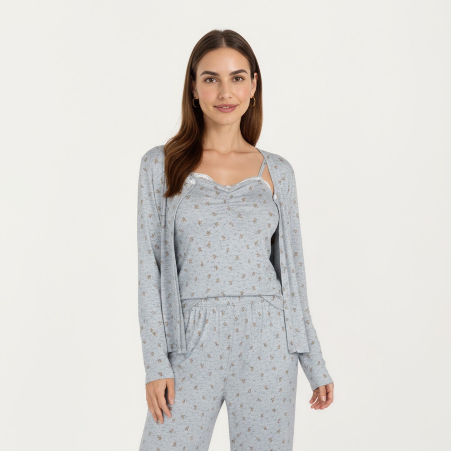 Anna-Kaci Lounge Women's 3-Piece Set Long Sleeve Padded Button Top, Camisole, and Relaxed Fit Pants Pajama Set with Soft Knit Fabric