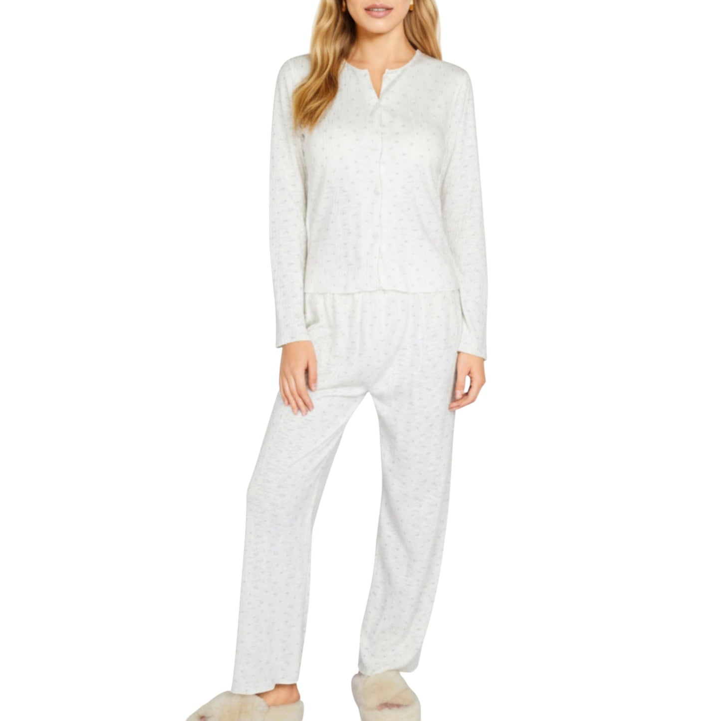 Anna-Kaci Lounge Women's 2-Piece Set Long Sleeve Button Front Top with Built-In Chest Pads and Relaxed Fit Pants Pajama Set in Soft Textured Fabric