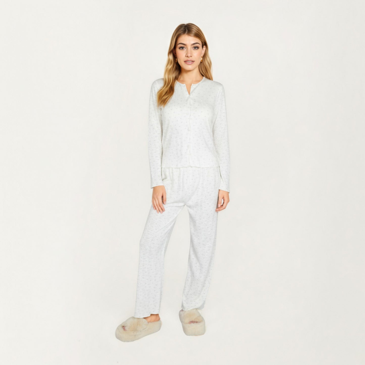 Anna-Kaci Lounge Women's 2-Piece Set Long Sleeve Button Front Top with Built-In Chest Pads and Relaxed Fit Pants Pajama Set in Soft Textured Fabric