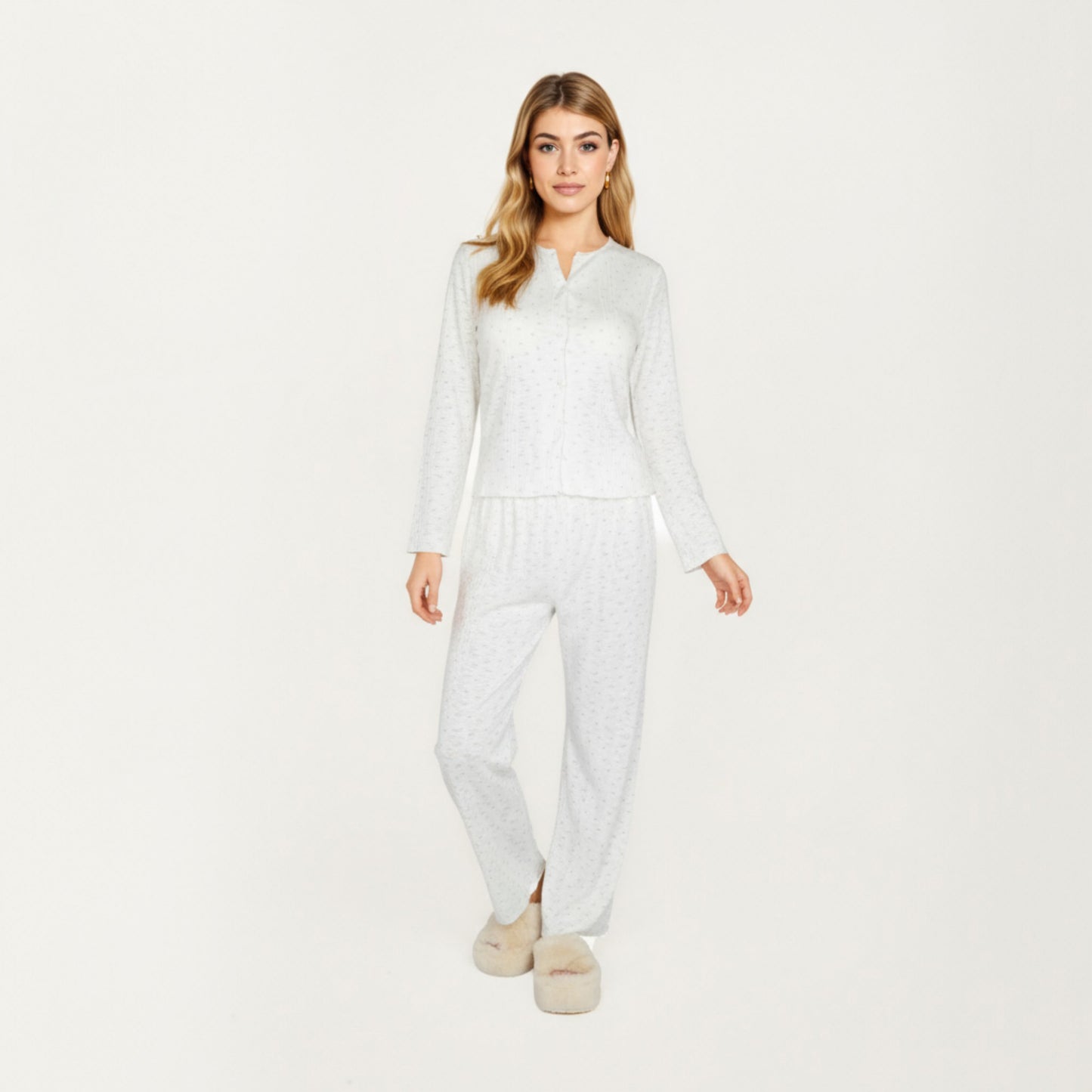 Anna-Kaci Lounge Women's 2-Piece Set Long Sleeve Button Front Top with Built-In Chest Pads and Relaxed Fit Pants Pajama Set in Soft Textured Fabric