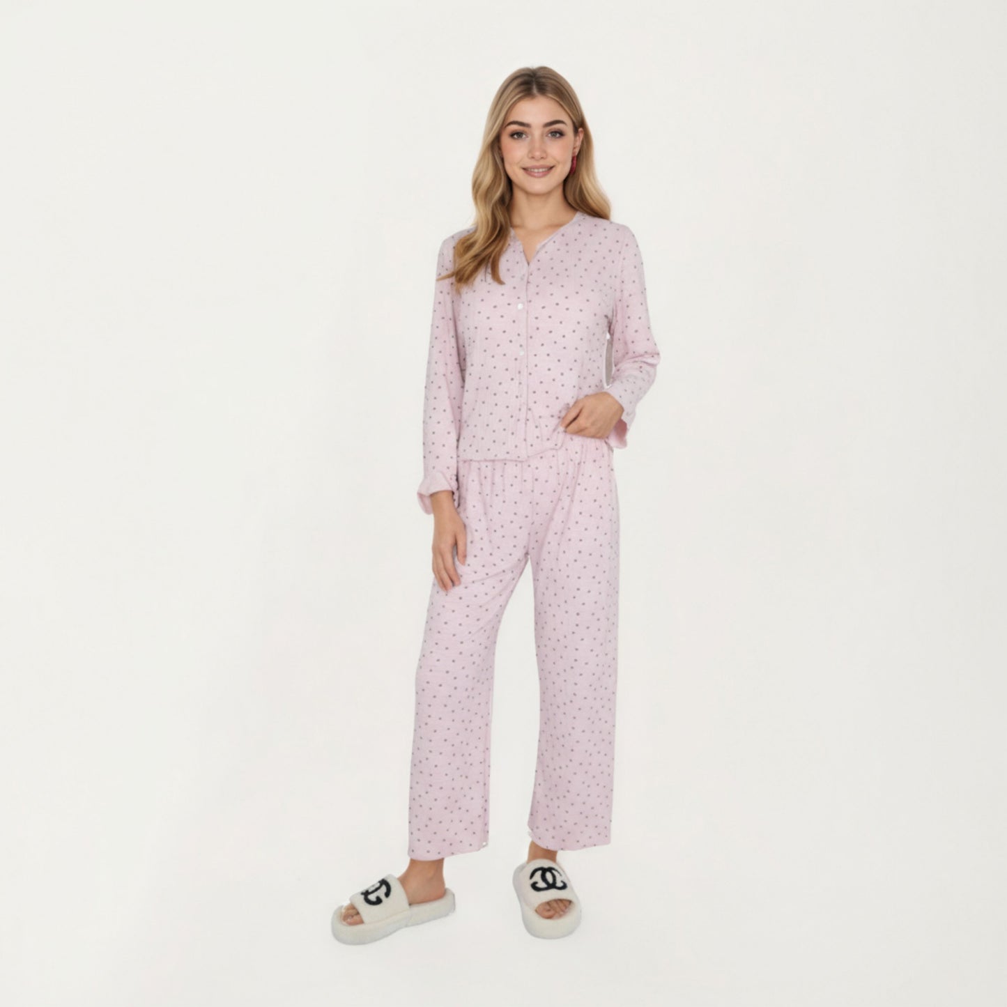 Anna-Kaci Lounge Women's 2-Piece Set Long Sleeve Button Front Top with Built-In Chest Pads and Relaxed Fit Pants Pajama Set in Soft Textured Fabric