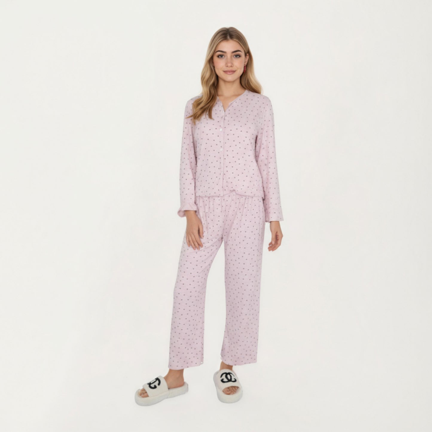 Anna-Kaci Lounge Women's 2-Piece Set Long Sleeve Button Front Top with Built-In Chest Pads and Relaxed Fit Pants Pajama Set in Soft Textured Fabric