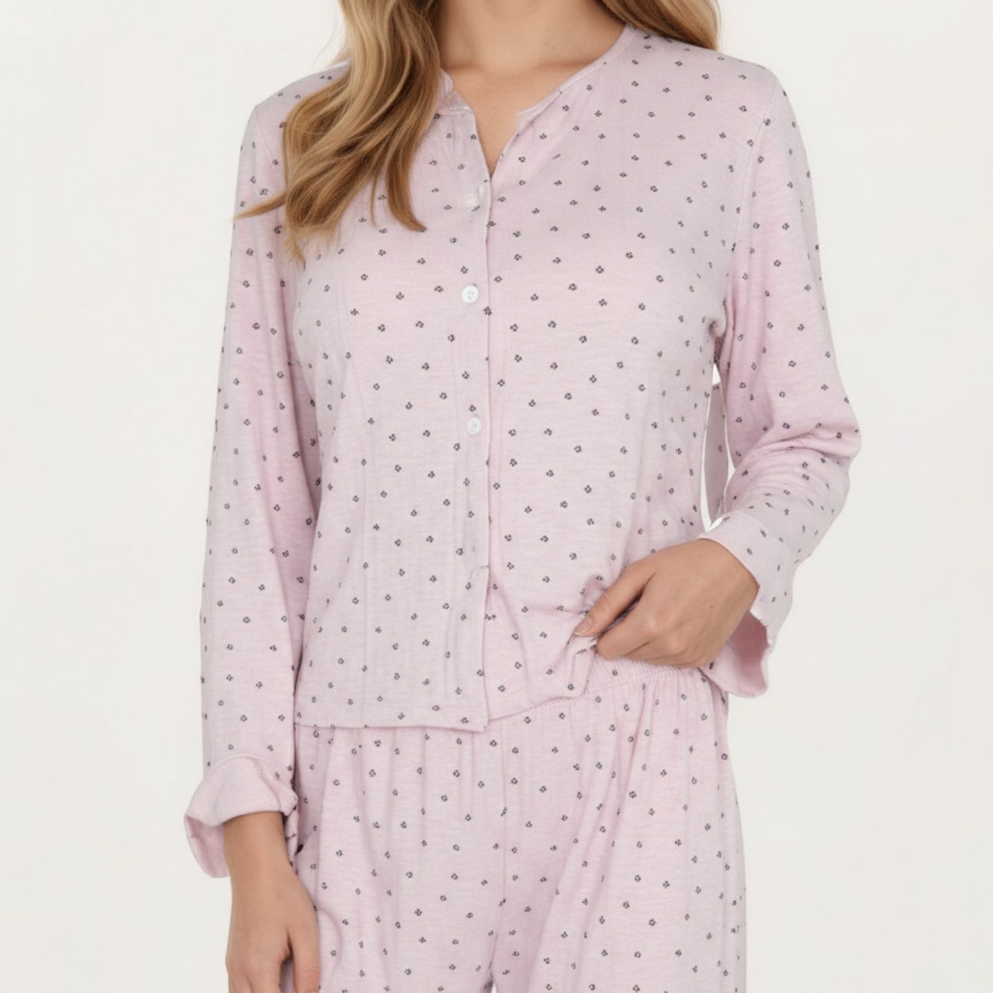 Anna-Kaci Lounge Women's 2-Piece Set Long Sleeve Button Front Top with Built-In Chest Pads and Relaxed Fit Pants Pajama Set in Soft Textured Fabric