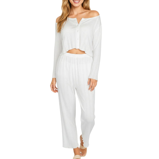 Anna-Kaci Lounge Women's 2-Piece Set Long Sleeve Button Front Top with Built-In Chest Pads and Relaxed Fit Pants Pajama Set in Soft Knit Fabric