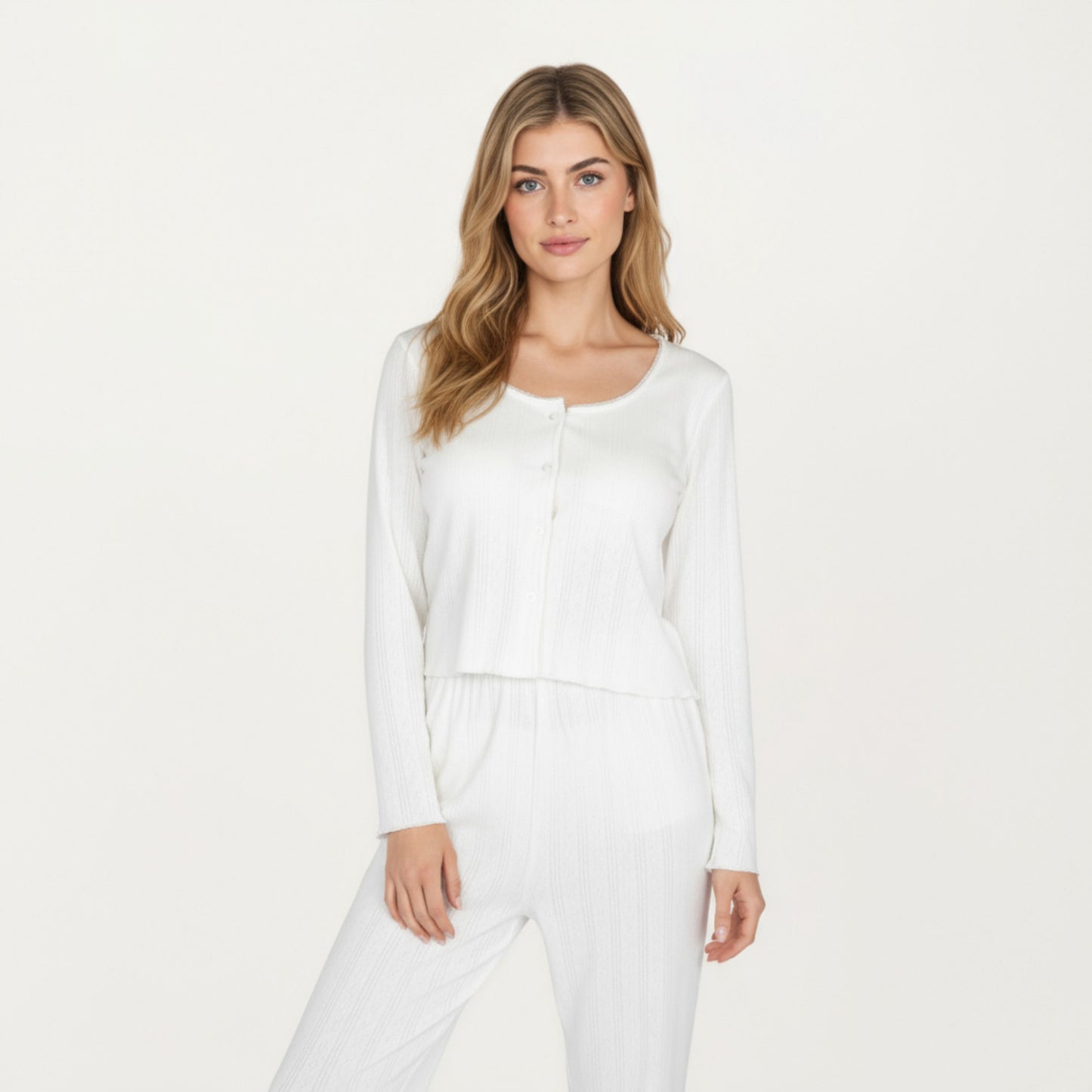 Anna-Kaci Lounge Women's 2-Piece Set Long Sleeve Button Front Top with Built-In Chest Pads and Relaxed Fit Pants Pajama Set in Soft Knit Fabric