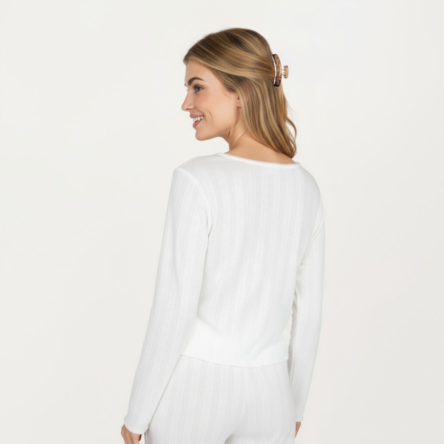 Anna-Kaci Lounge Women's 2-Piece Set Long Sleeve Button Front Top with Built-In Chest Pads and Relaxed Fit Pants Pajama Set in Soft Knit Fabric