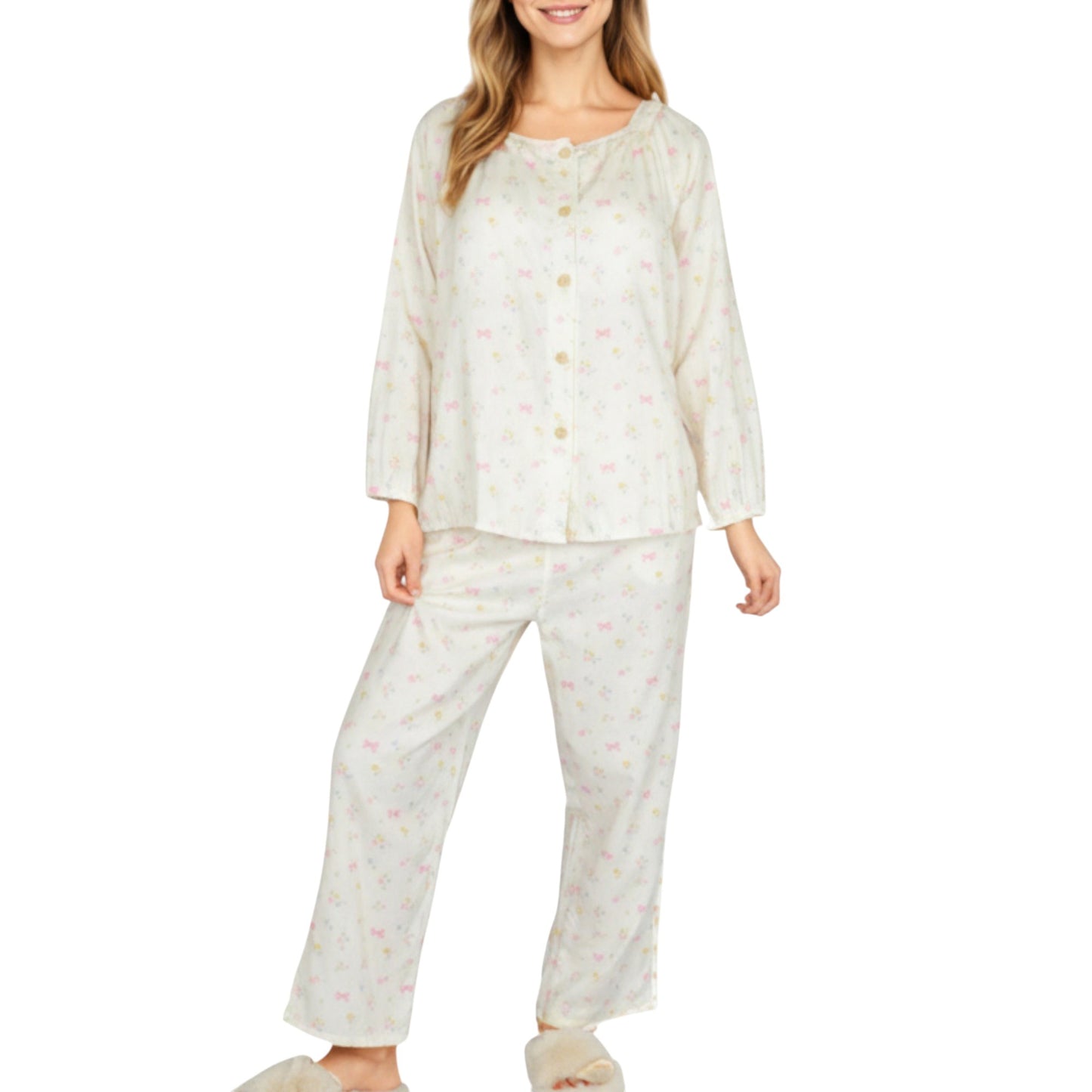 Anna-Kaci Lounge Women's 2-Piece Set Long Sleeve Button Front Top with Built-In Chest Pads and Relaxed Fit Pants Pajama Set with Floral Print