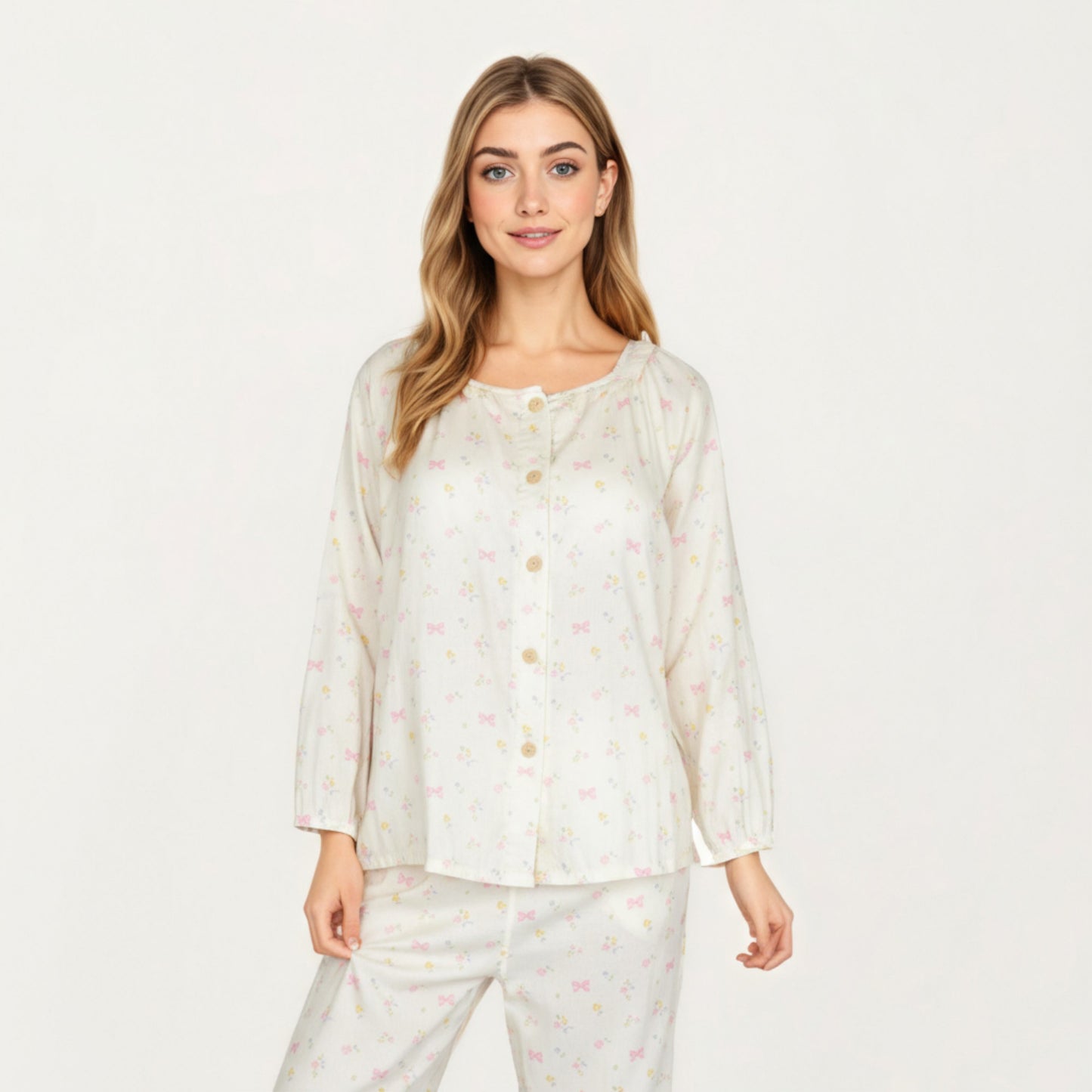 Anna-Kaci Lounge Women's 2-Piece Set Long Sleeve Button Front Top with Built-In Chest Pads and Relaxed Fit Pants Pajama Set with Floral Print