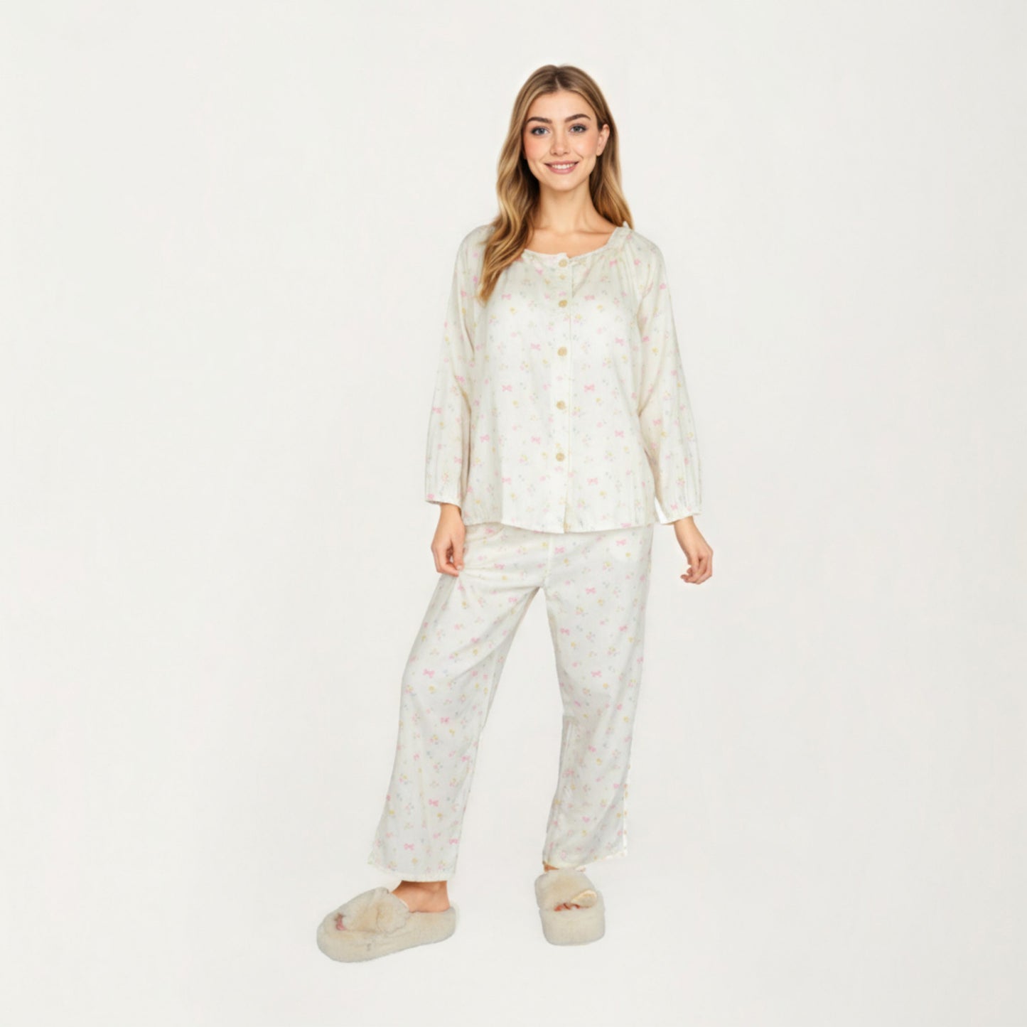 Anna-Kaci Lounge Women's 2-Piece Set Long Sleeve Button Front Top with Built-In Chest Pads and Relaxed Fit Pants Pajama Set with Floral Print