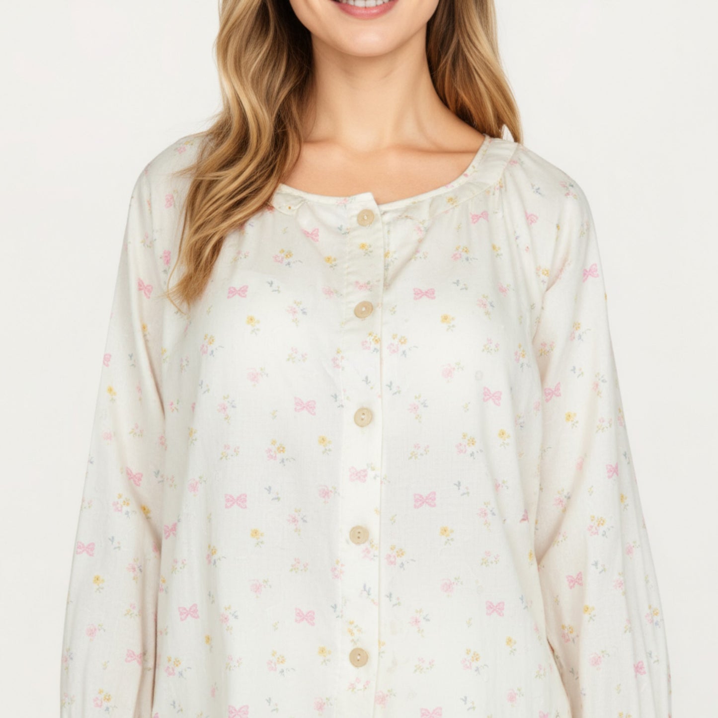 Anna-Kaci Lounge Women's 2-Piece Set Long Sleeve Button Front Top with Built-In Chest Pads and Relaxed Fit Pants Pajama Set with Floral Print