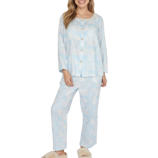 Anna-Kaci Lounge Women's 2-Piece Set Long Sleeve Button Front Top with Built-In Chest Pads and Relaxed Fit Pants Pajama Set with Floral Print