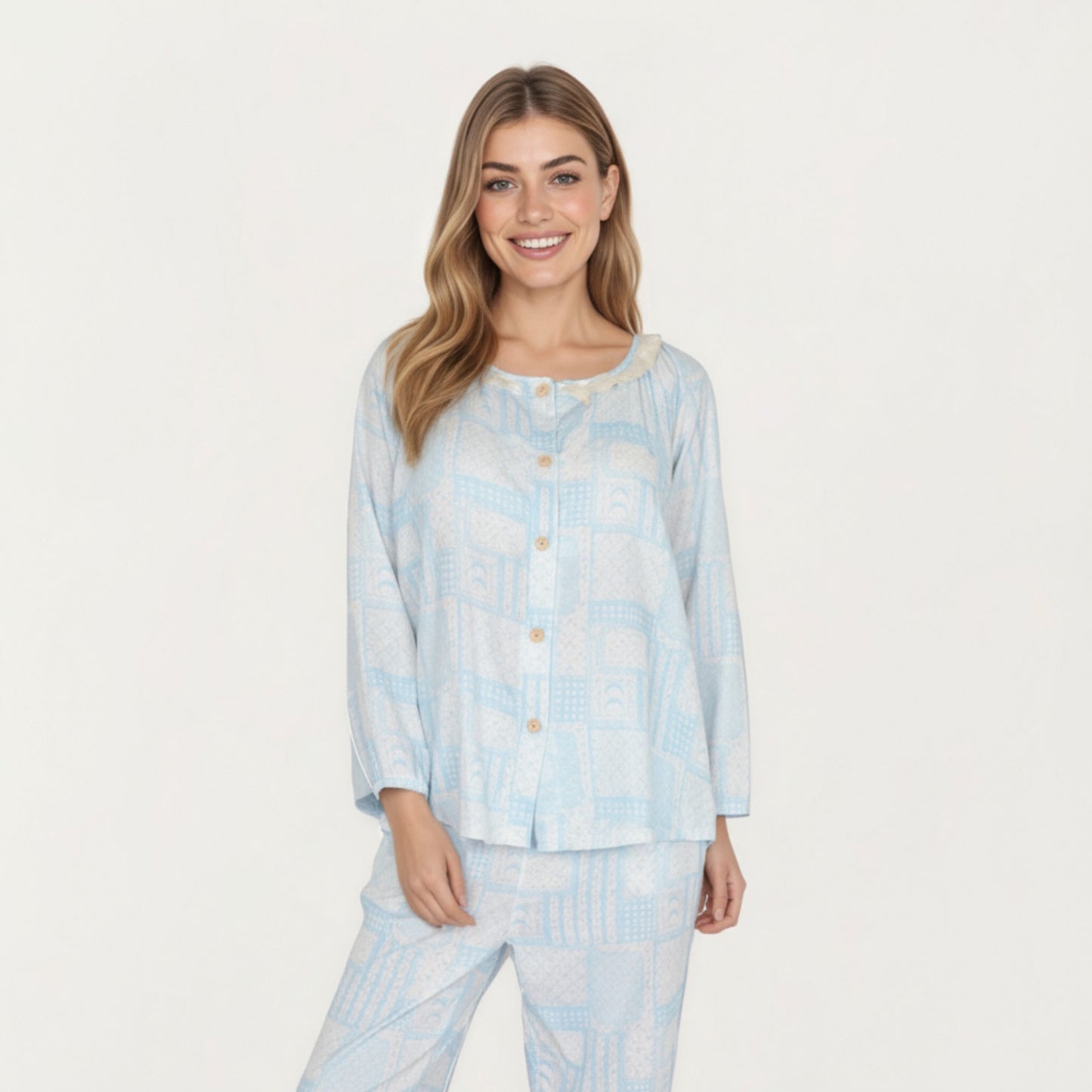 Anna-Kaci Lounge Women's 2-Piece Set Long Sleeve Button Front Top with Built-In Chest Pads and Relaxed Fit Pants Pajama Set with Floral Print