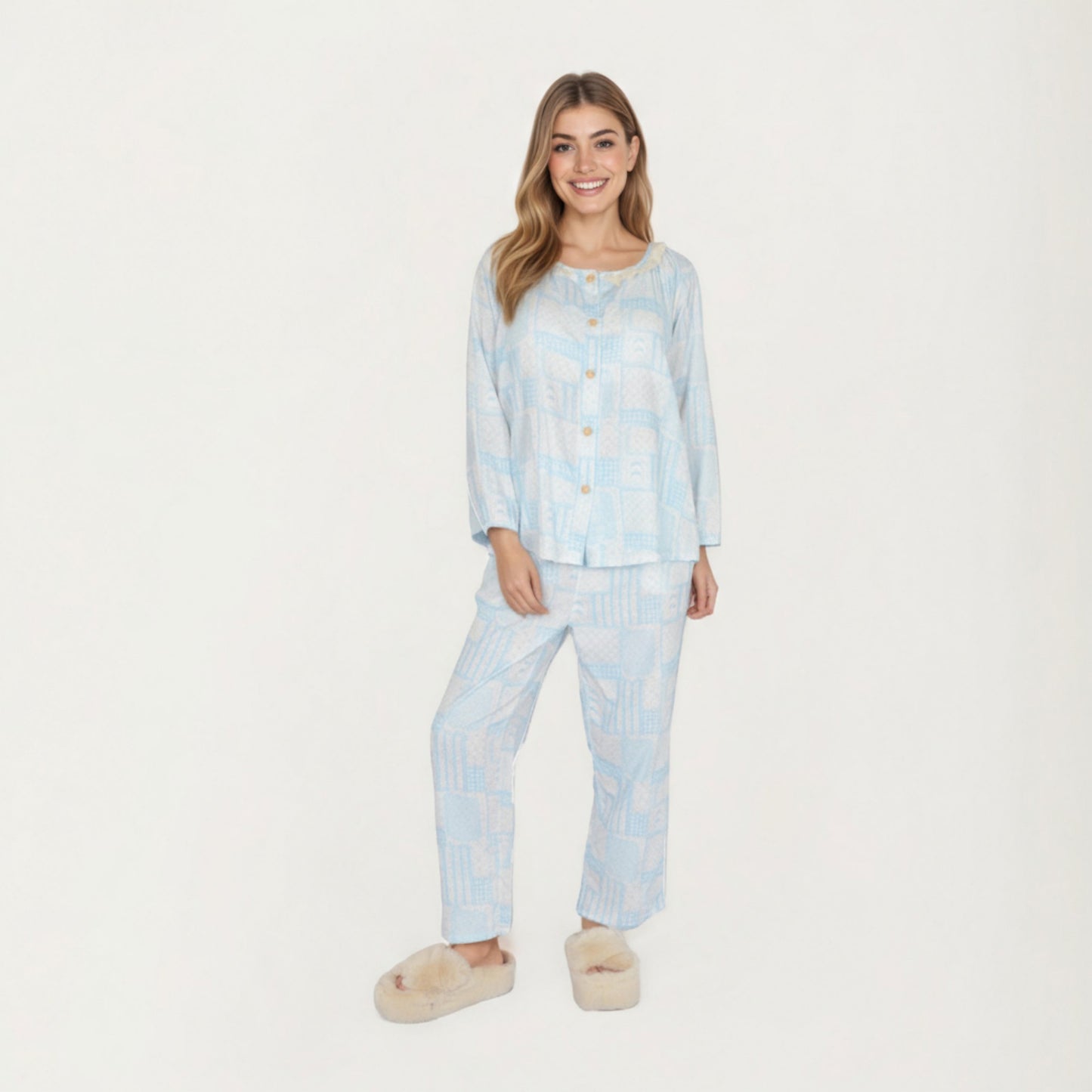 Anna-Kaci Lounge Women's 2-Piece Set Long Sleeve Button Front Top with Built-In Chest Pads and Relaxed Fit Pants Pajama Set with Floral Print