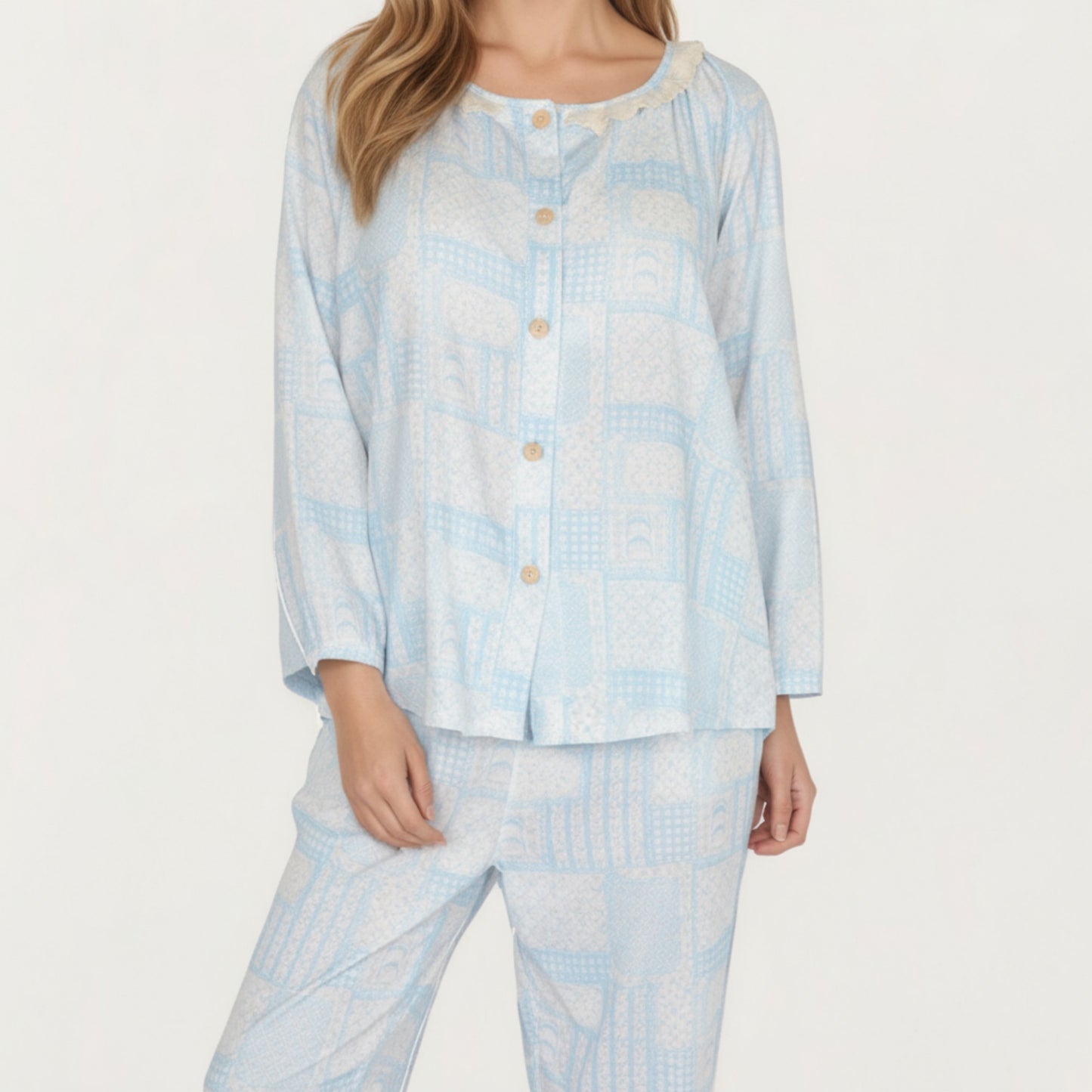 Anna-Kaci Lounge Women's 2-Piece Set Long Sleeve Button Front Top with Built-In Chest Pads and Relaxed Fit Pants Pajama Set with Floral Print