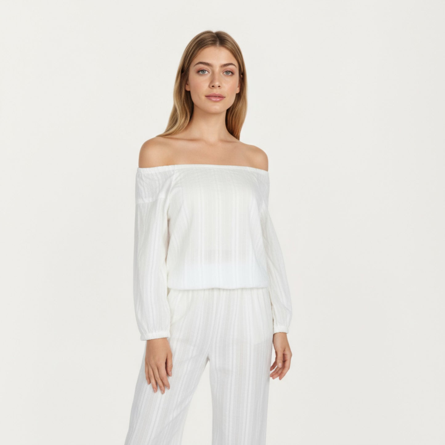 Anna-Kaci Lounge Women's 2-Piece Set Long Sleeve Gathered Neckline Top and Relaxed Fit Pants Pajama Set in Lightweight Fabric