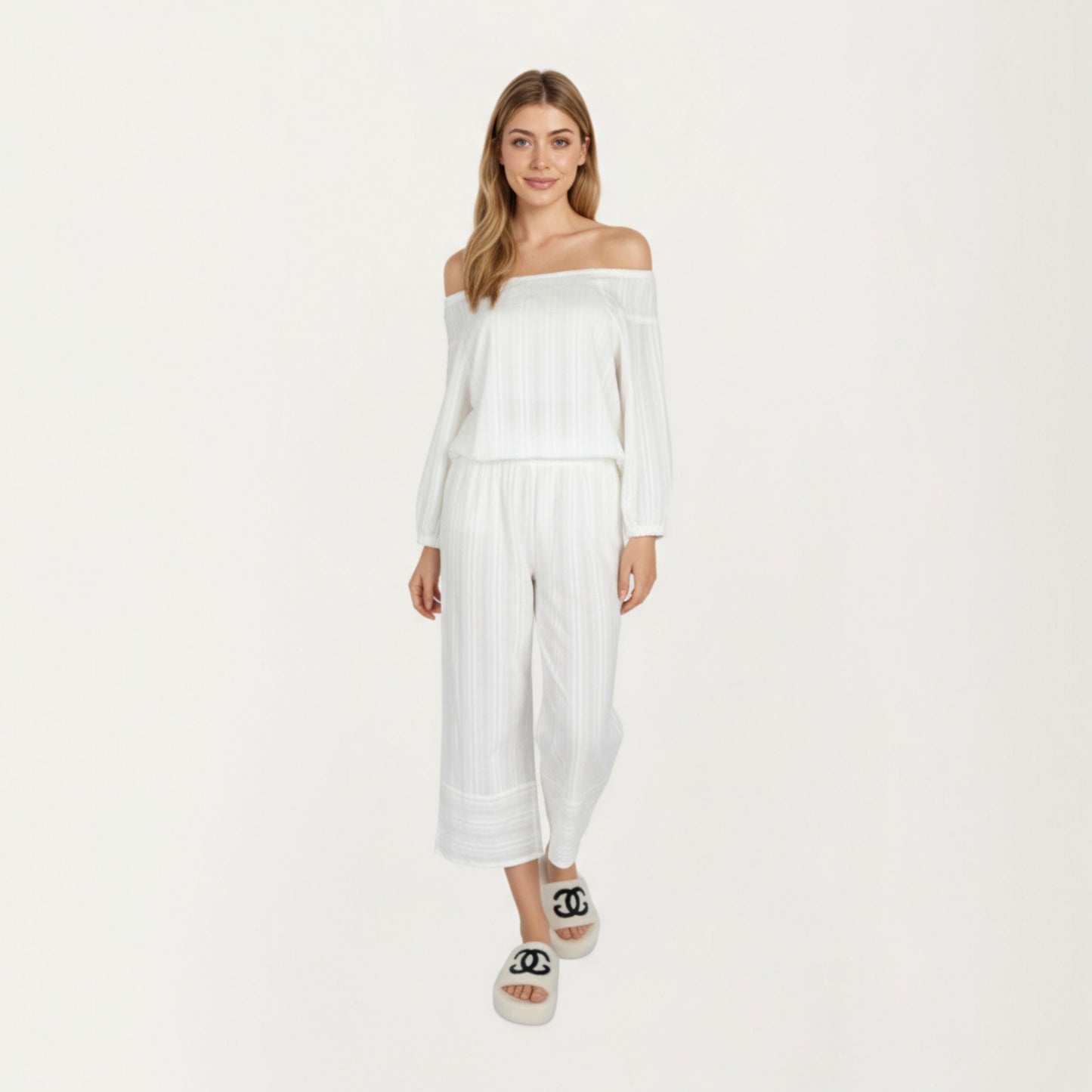 Anna-Kaci Lounge Women's 2-Piece Set Long Sleeve Gathered Neckline Top and Relaxed Fit Pants Pajama Set in Lightweight Fabric