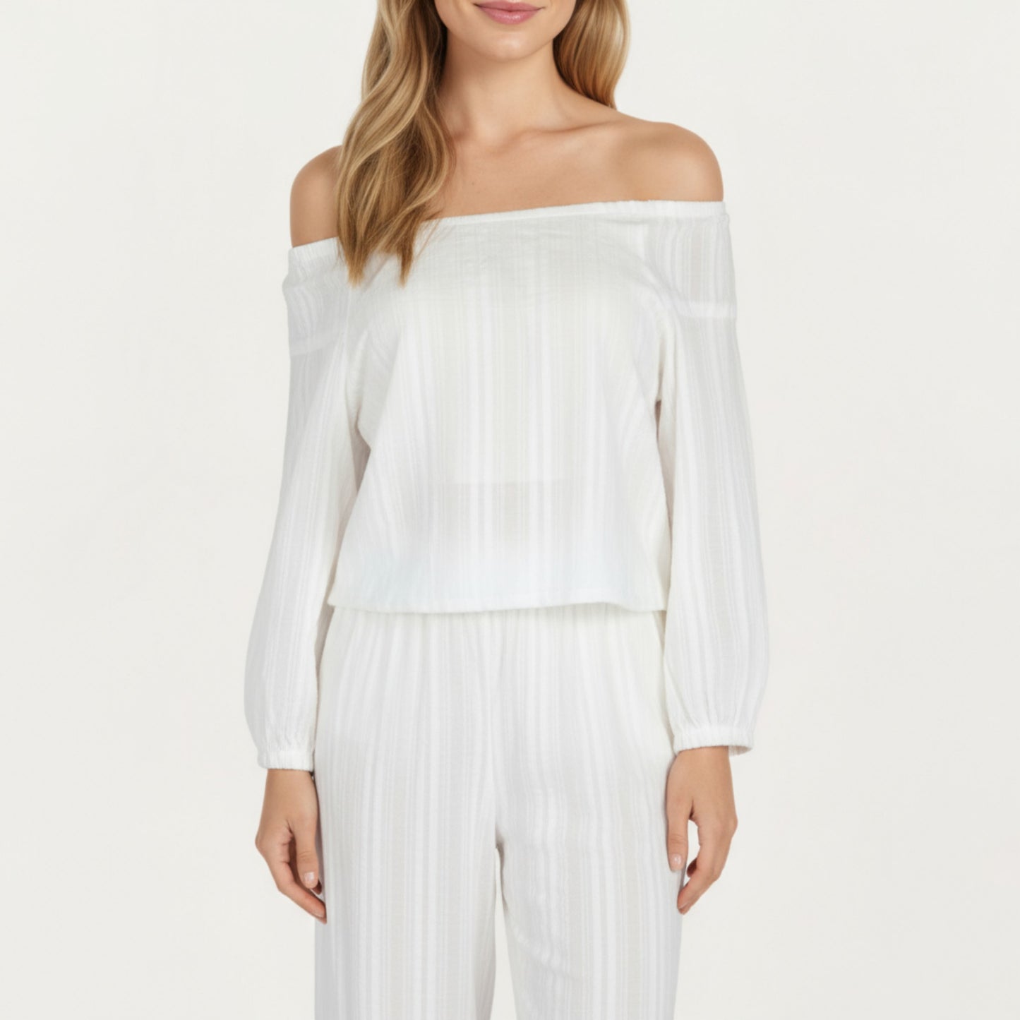 Anna-Kaci Lounge Women's 2-Piece Set Long Sleeve Gathered Neckline Top and Relaxed Fit Pants Pajama Set in Lightweight Fabric