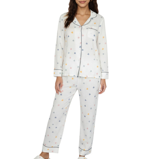 Anna-Kaci Lounge Women's 2-Piece Set Long Sleeve Button Front Top and Relaxed Fit Pants Pajama Set with Heart Print