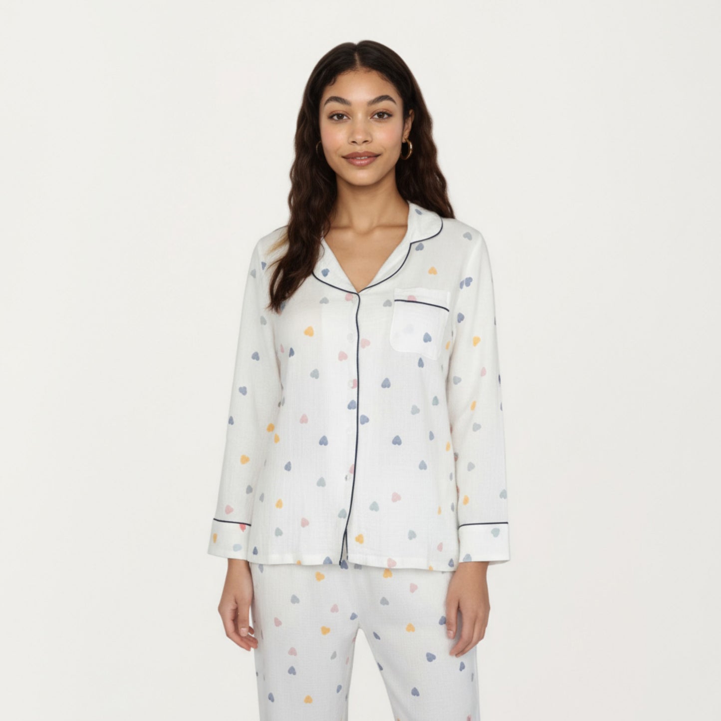 Anna-Kaci Lounge Women's 2-Piece Set Long Sleeve Button Front Top and Relaxed Fit Pants Pajama Set with Heart Print