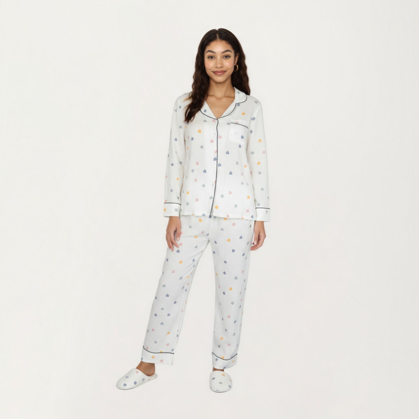 Anna-Kaci Lounge Women's 2-Piece Set Long Sleeve Button Front Top and Relaxed Fit Pants Pajama Set with Heart Print