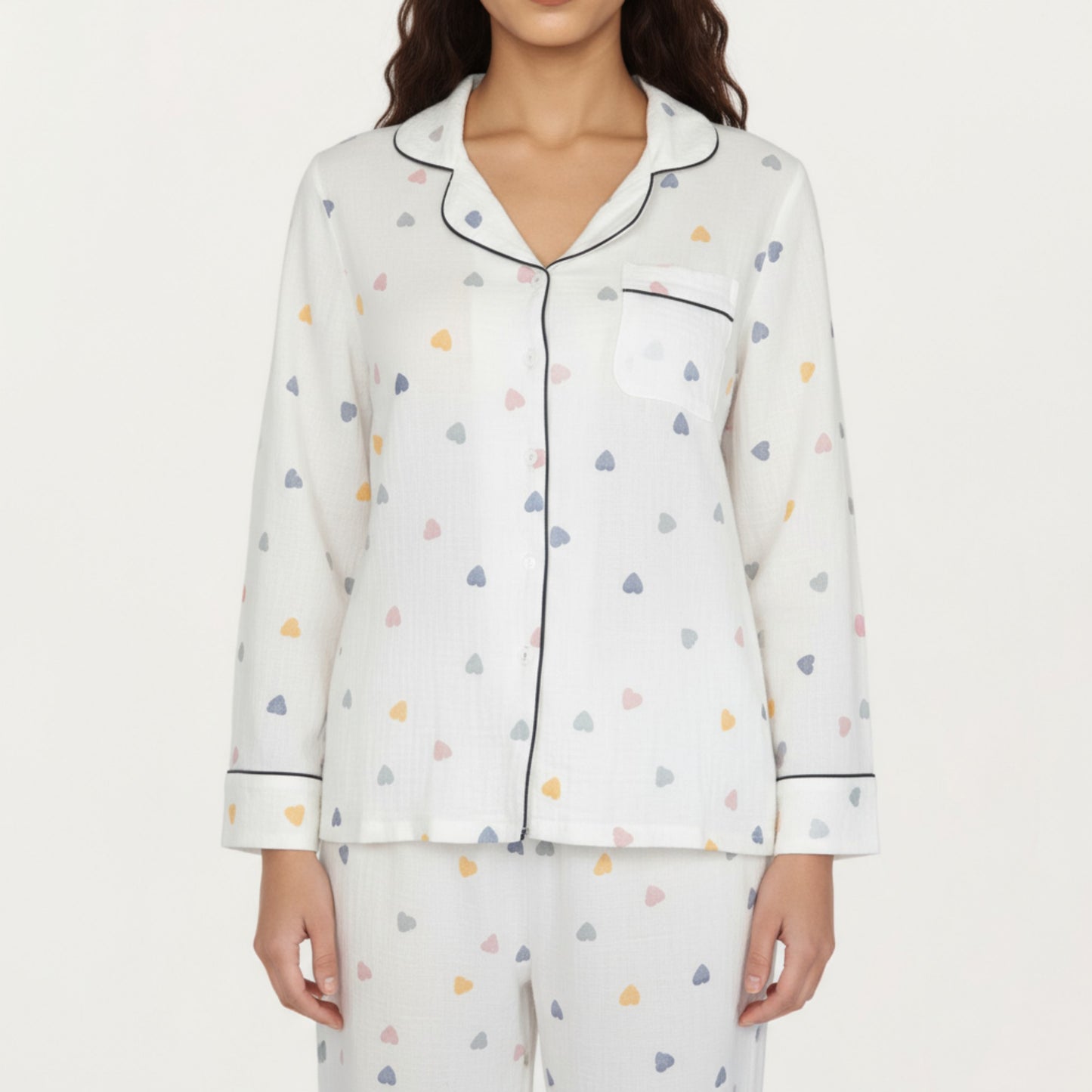 Anna-Kaci Lounge Women's 2-Piece Set Long Sleeve Button Front Top and Relaxed Fit Pants Pajama Set with Heart Print
