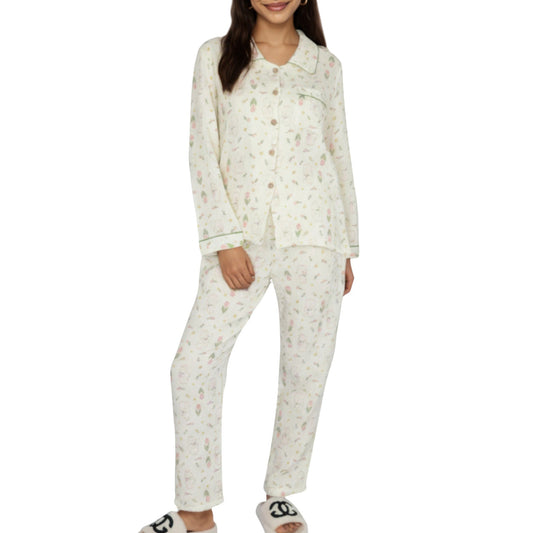 Anna-Kaci Lounge Women's 2-Piece Set Long Sleeve Button Front Top and Relaxed Fit Pants Pajama Set with Tulip Print