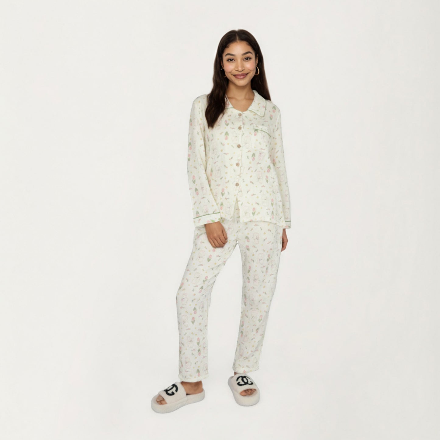 Anna-Kaci Lounge Women's 2-Piece Set Long Sleeve Button Front Top and Relaxed Fit Pants Pajama Set with Tulip Print