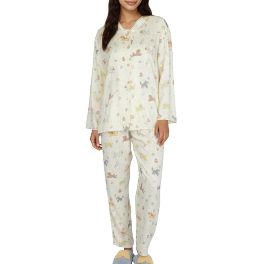 Anna-Kaci Lounge Women's 2-Piece Set Dog Print Button-Up Long Sleeve Pajama Top and Matching Pants