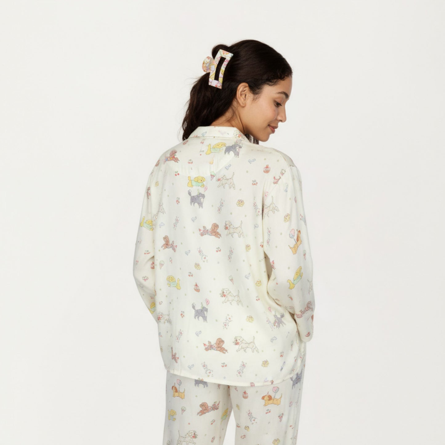 Anna-Kaci Lounge Women's 2-Piece Set Dog Print Button-Up Long Sleeve Pajama Top and Matching Pants
