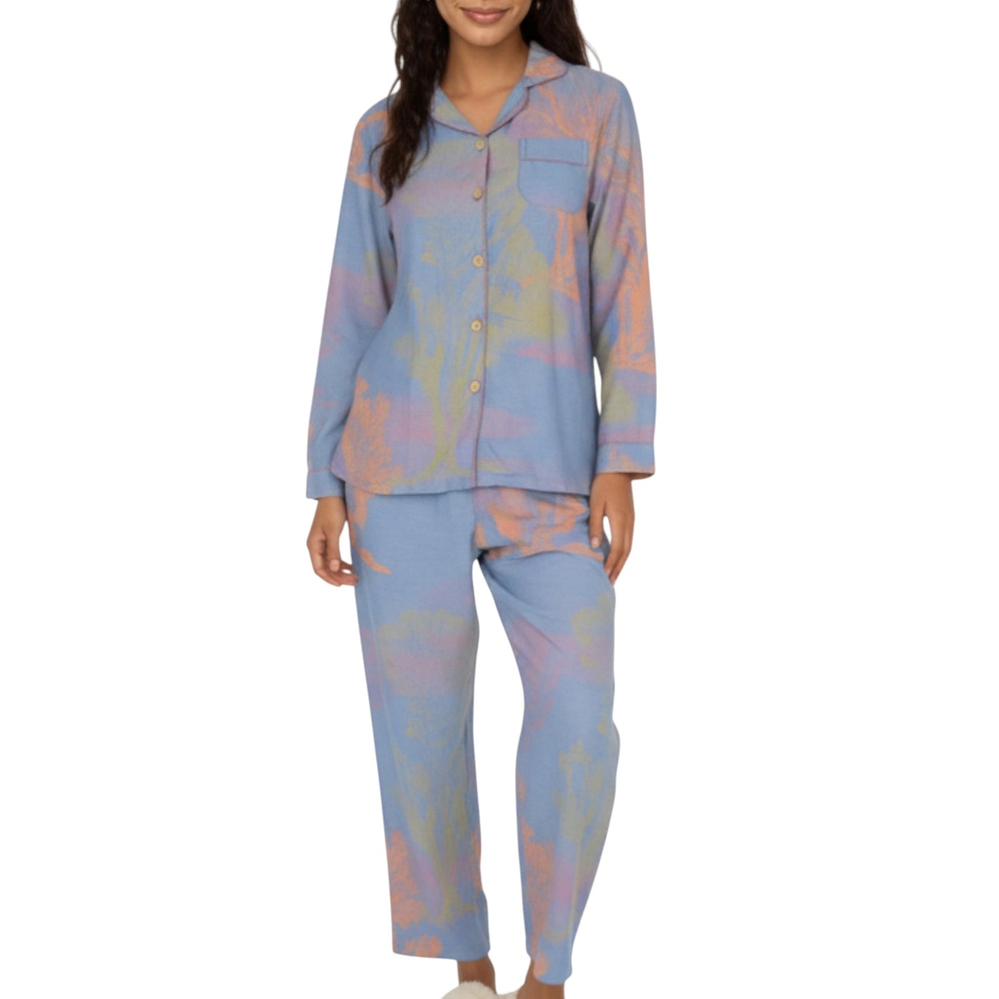 Anna-Kaci Lounge Women's 2-Piece Set Long Sleeve Button Front Top and Relaxed Fit Pants Pajama Set with Abstract Print