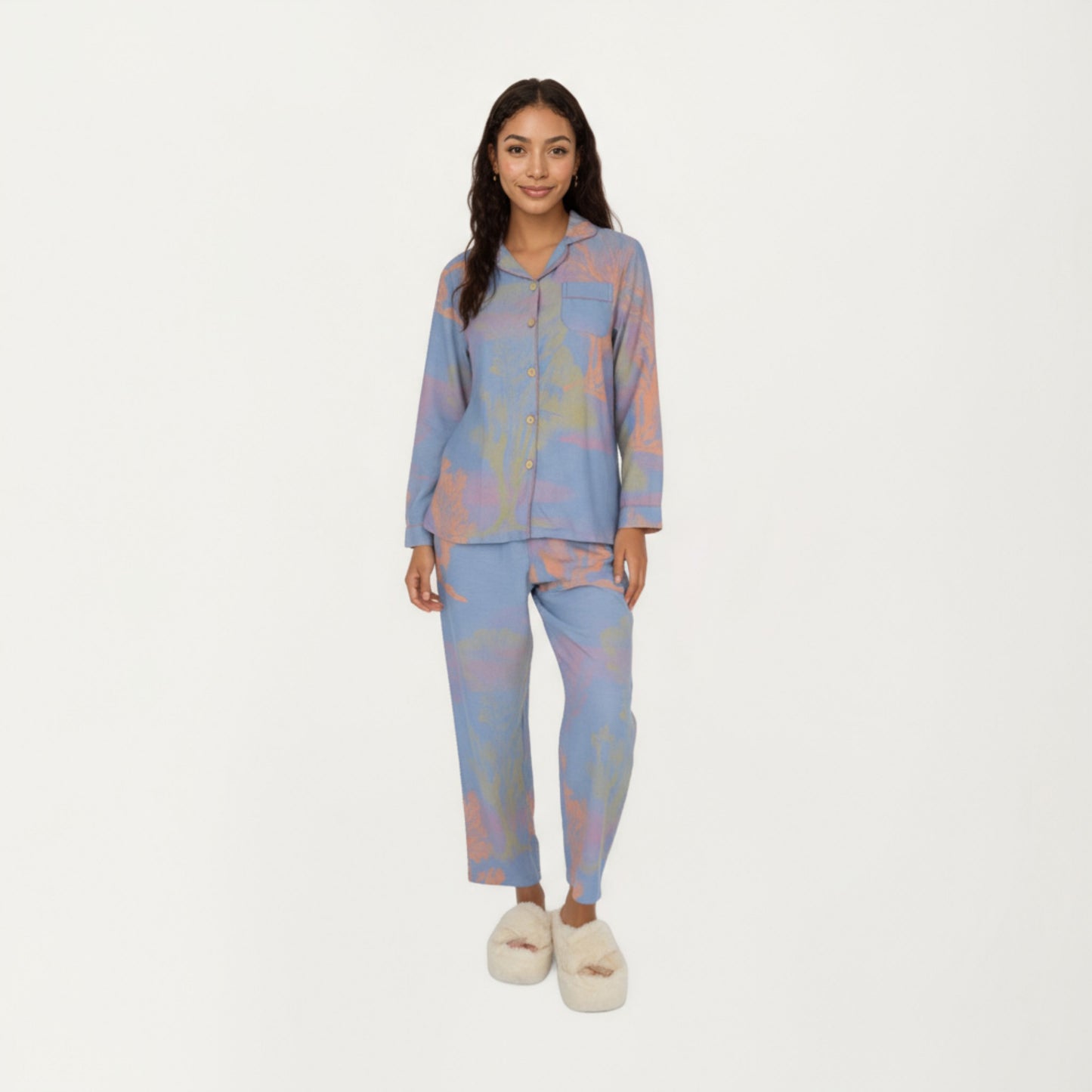 Anna-Kaci Lounge Women's 2-Piece Set Long Sleeve Button Front Top and Relaxed Fit Pants Pajama Set with Abstract Print