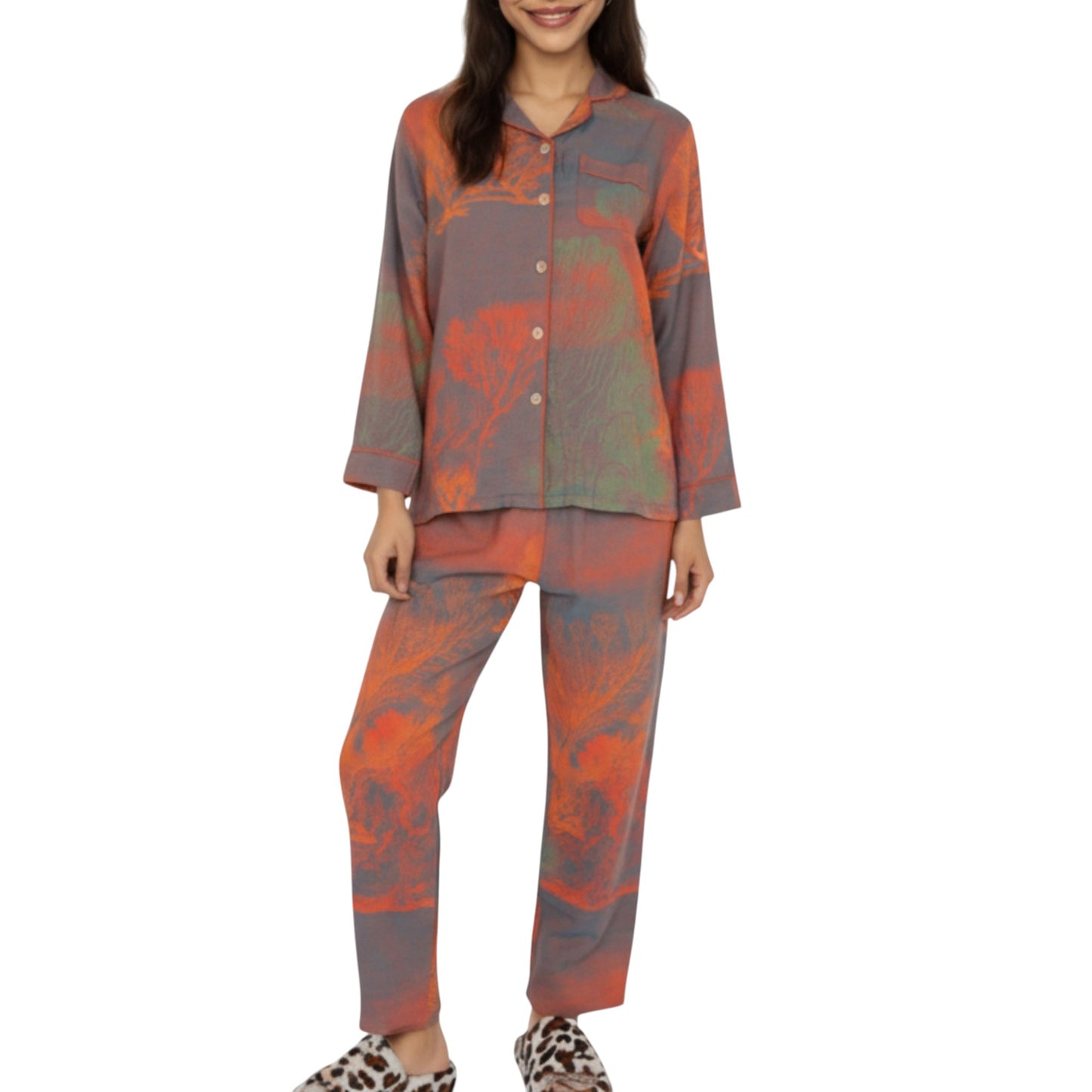 Anna-Kaci Lounge Women's 2-Piece Set Long Sleeve Button Front Top and Relaxed Fit Pants Pajama Set with Abstract Print