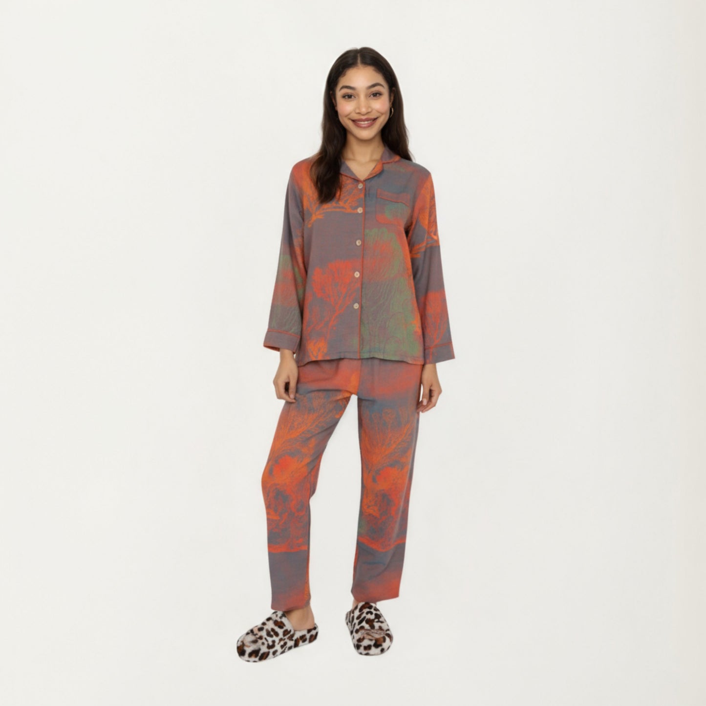Anna-Kaci Lounge Women's 2-Piece Set Long Sleeve Button Front Top and Relaxed Fit Pants Pajama Set with Abstract Print