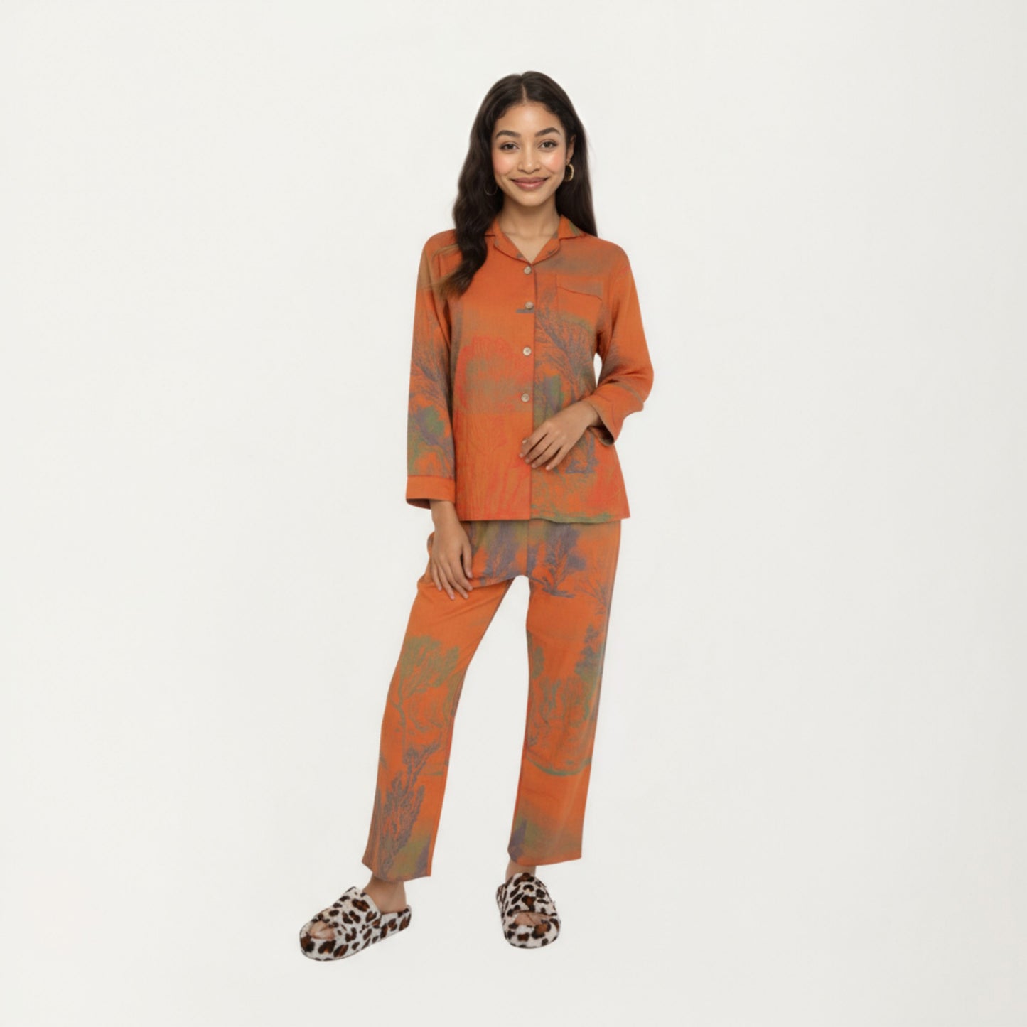 Anna-Kaci Lounge Women's 2-Piece Set Long Sleeve Button Front Top and Relaxed Fit Pants Pajama Set with Abstract Print