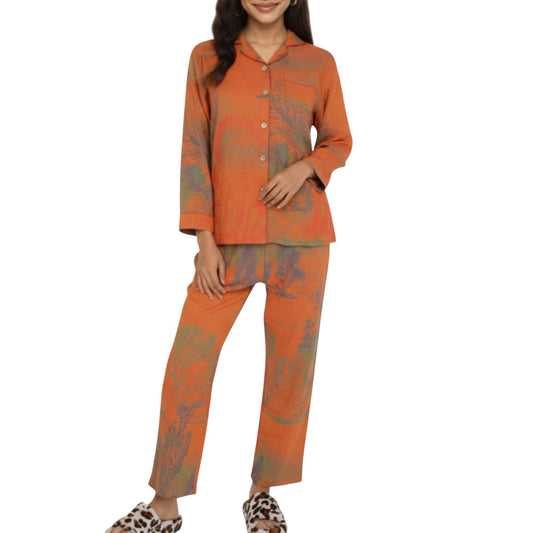 Anna-Kaci Lounge Women's 2-Piece Set Long Sleeve Button Front Top and Relaxed Fit Pants Pajama Set with Abstract Print