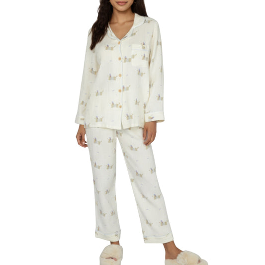 Anna-Kaci Lounge Women's 2-Piece Set Long Sleeve Button Front Top and Relaxed Fit Pants Pajama Set with Dog Print