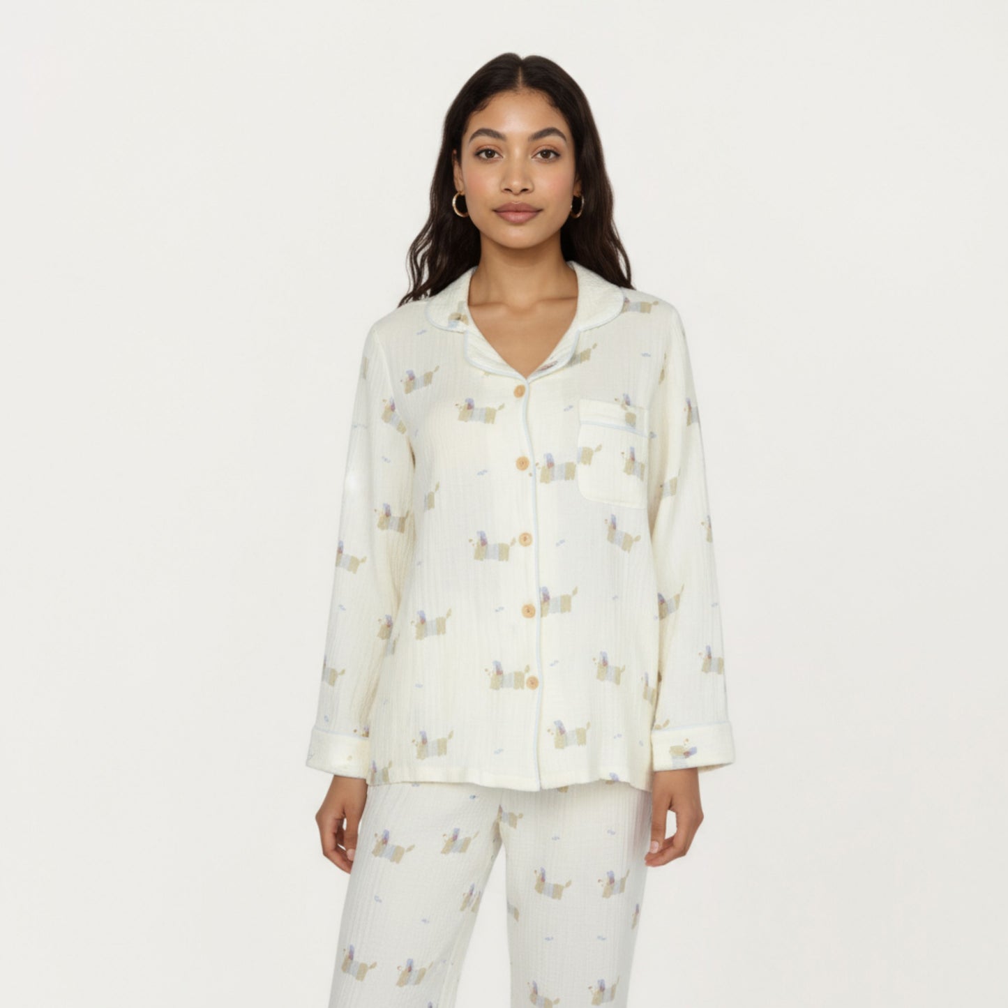 Anna-Kaci Lounge Women's 2-Piece Set Long Sleeve Button Front Top and Relaxed Fit Pants Pajama Set with Dog Print