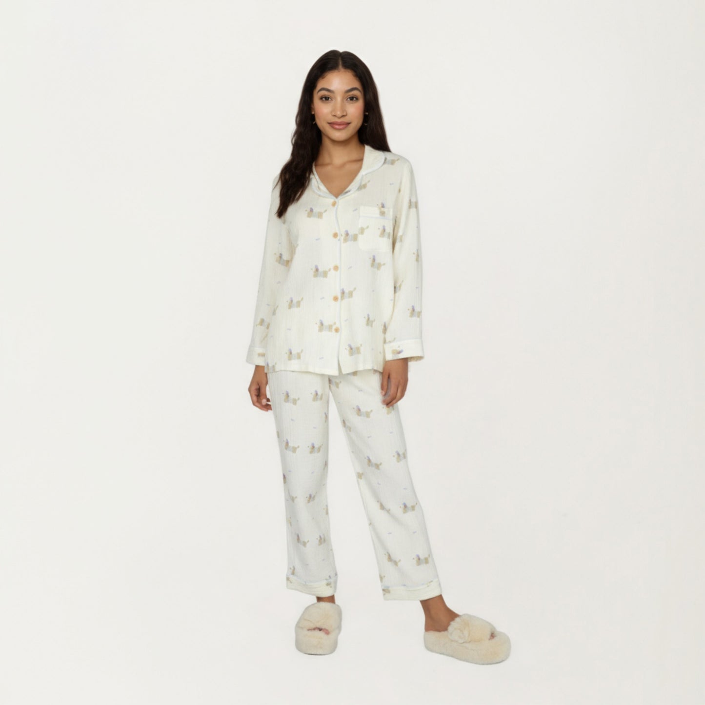 Anna-Kaci Lounge Women's 2-Piece Set Long Sleeve Button Front Top and Relaxed Fit Pants Pajama Set with Dog Print